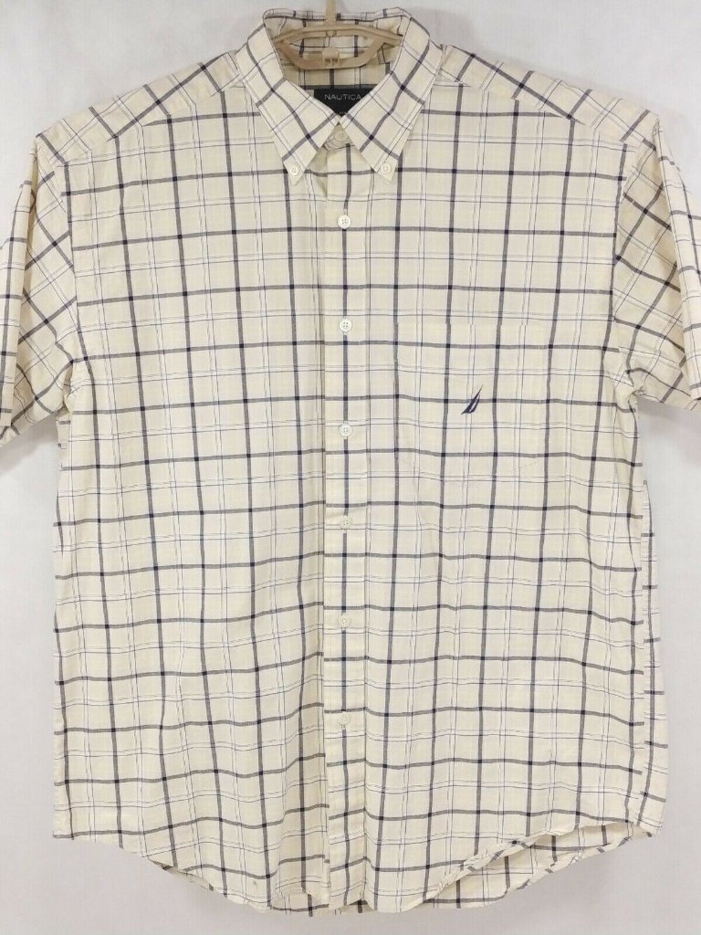 Nautica Plaid Sailboat Logo Saort Sleeve Button Down Cool Cotton Shirt Mens L